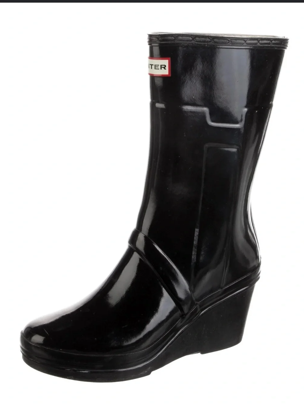 Hunter Kellan Black Gloss Platform Wedge Rain Boots Womens 9 Waterproof Mid Calf